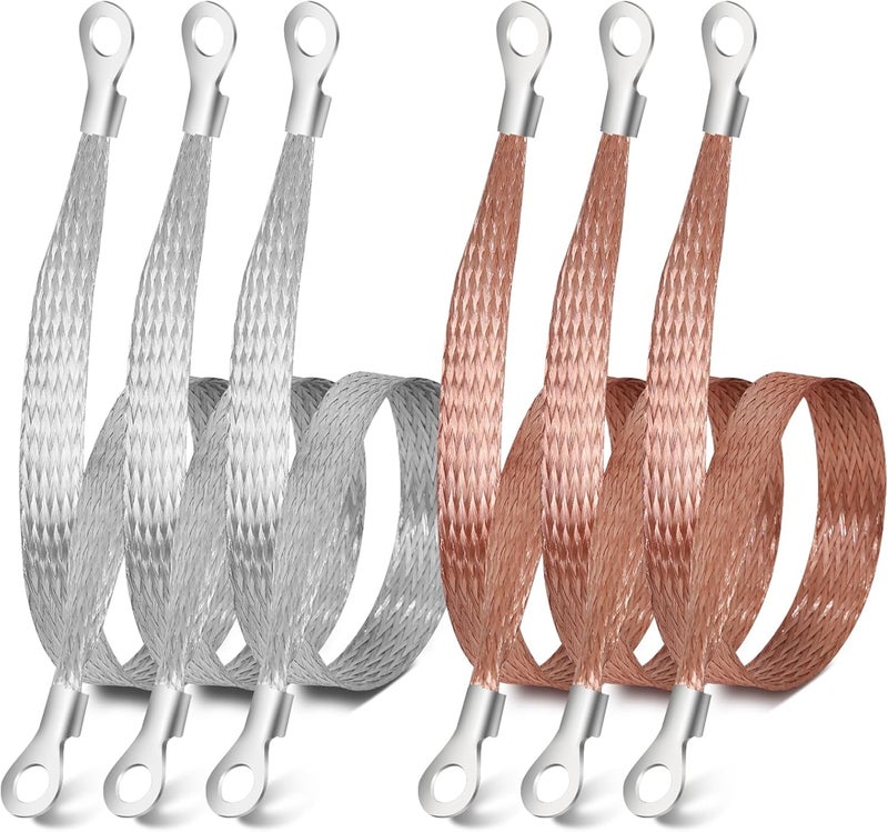 Jeyoon 6Pcs Universal Automotive Ground Strap,12" x 1/2" Professional Vehicle Grounding Strap Cable, Braided Tinned Copper Engine Ground Strap Kit Ground Cable Wire with 5/16" Rings Terminal for Most Cars - Image 1